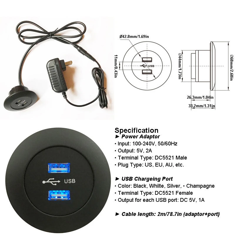 DIY Mounted furniture USB charging port 5V 2A dual USB with power adapter